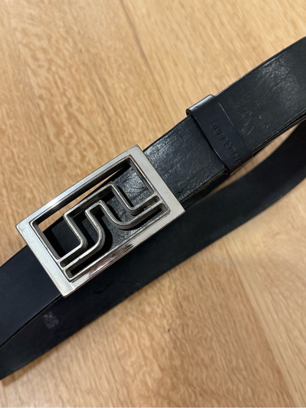 J.Lindeberg Men's Black Leather Belt with Brushed Silver Logo Buckle